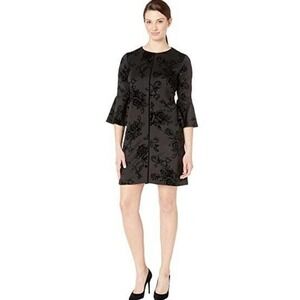 Gabby Skye Black Velvet‎ Rose Jacquard Bell Sleeve Shift Dress Plus Size 18W New